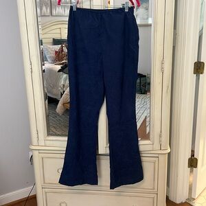 Navy fine corduroy elastic waist flat leg pant